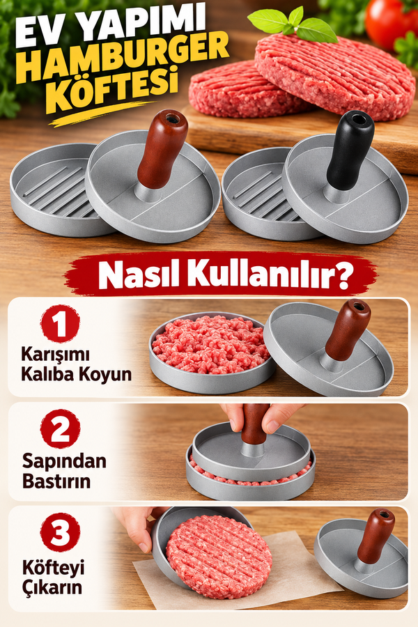 Mucit Home Paslanmaz Çelik Hamburger Köfte Yapma Pres Aparatı Çelik Burger Köfte Kalıbı