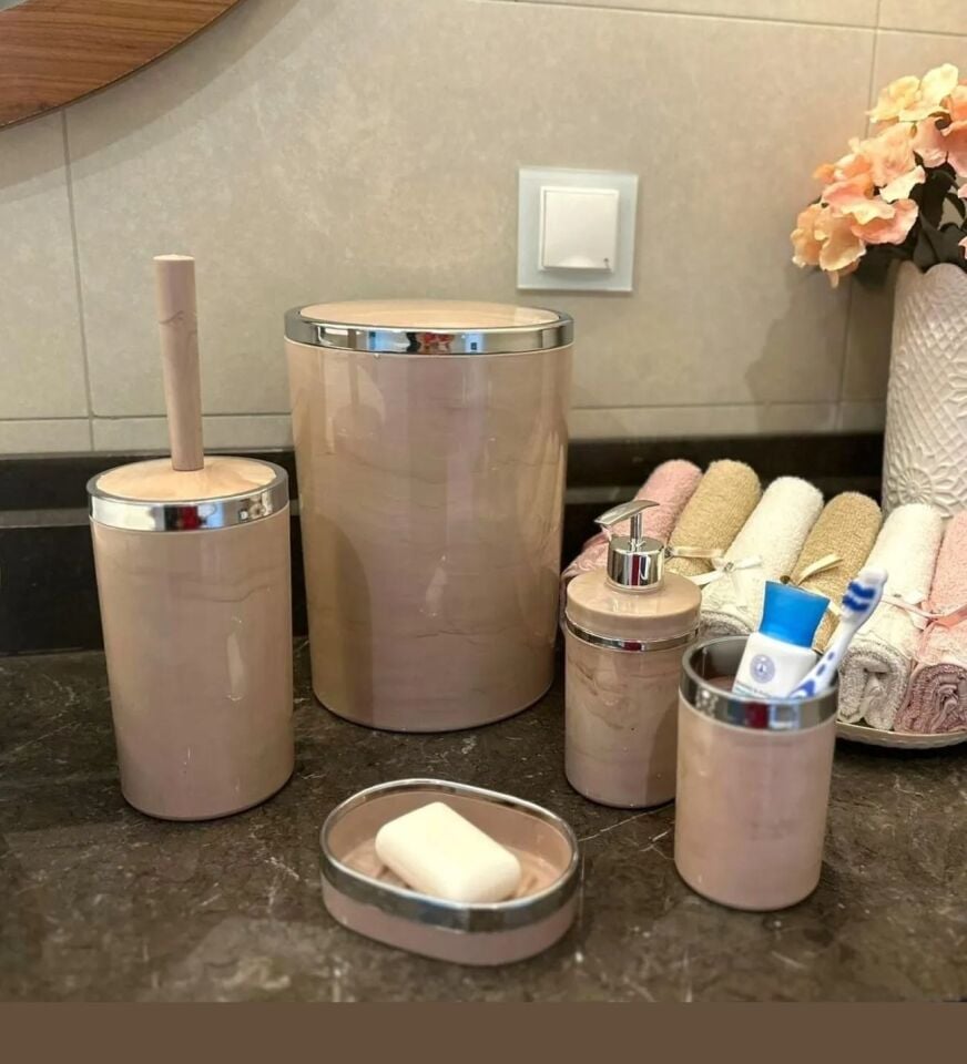 Mucit Home  5 Parça Krem Gümüş Mermer Desenli Yuvarlak Akrilik Banyo Seti