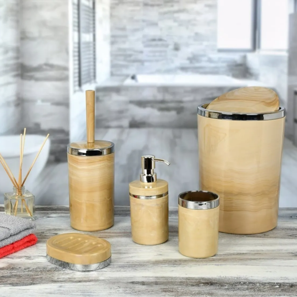 Mucit Home  5 Parça Krem Gümüş Mermer Desenli Yuvarlak Akrilik Banyo Seti