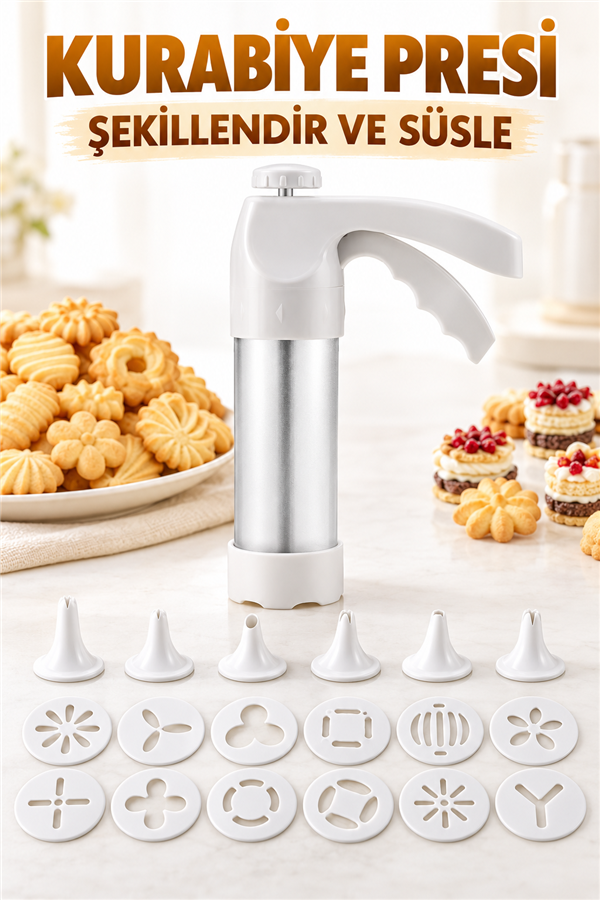 Mucit Home Pratik Kurabiye Ve Bisküvi Yapma Makinesi 18 Parça Krema, Kurabiye Pasta Şekillendirici Pompa Seti