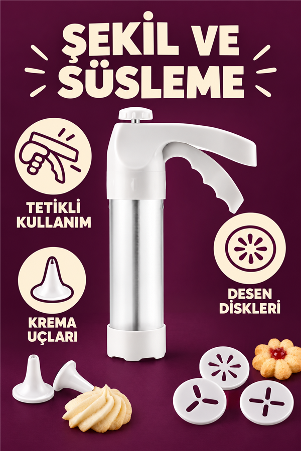 Mucit Home Pratik Kurabiye Ve Bisküvi Yapma Makinesi 18 Parça Krema, Kurabiye Pasta Şekillendirici Pompa Seti