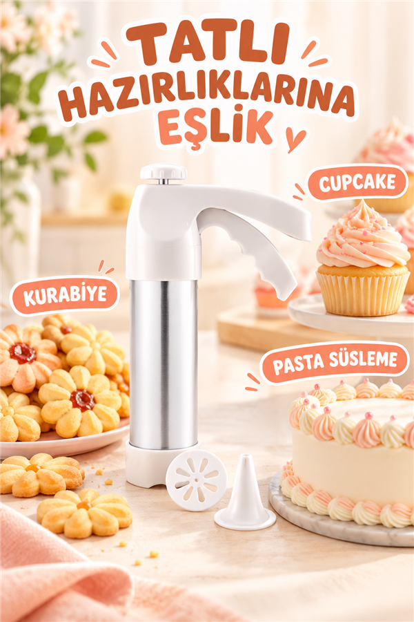Mucit Home Pratik Kurabiye Ve Bisküvi Yapma Makinesi 18 Parça Krema, Kurabiye Pasta Şekillendirici Pompa Seti