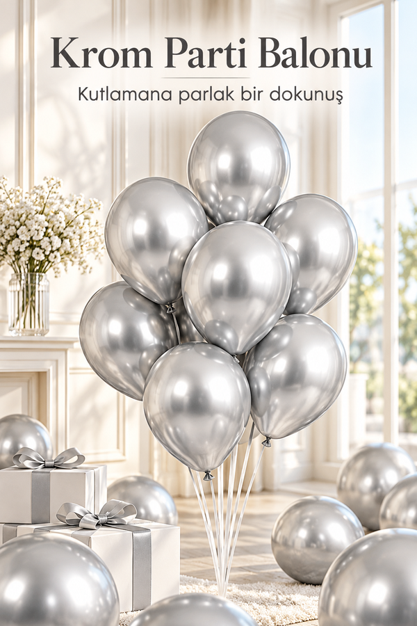 Mucit Home 10 Adet Gümüş Krom Balon Seti – 12 inç | Parlak ve Göz Alıcı Parti Balonları