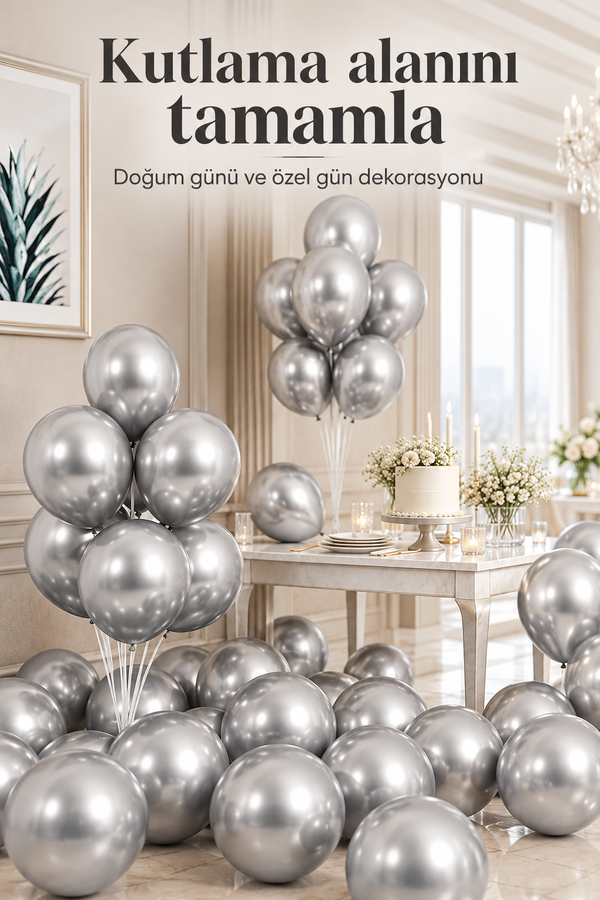 Mucit Home 10 Adet Gümüş Krom Balon Seti – 12 inç | Parlak ve Göz Alıcı Parti Balonları