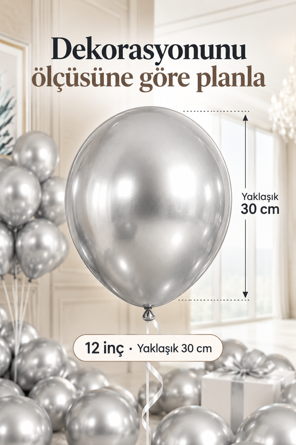 Mucit Home 10 Adet Gümüş Krom Balon Seti – 12 inç | Parlak ve Göz Alıcı Parti Balonları