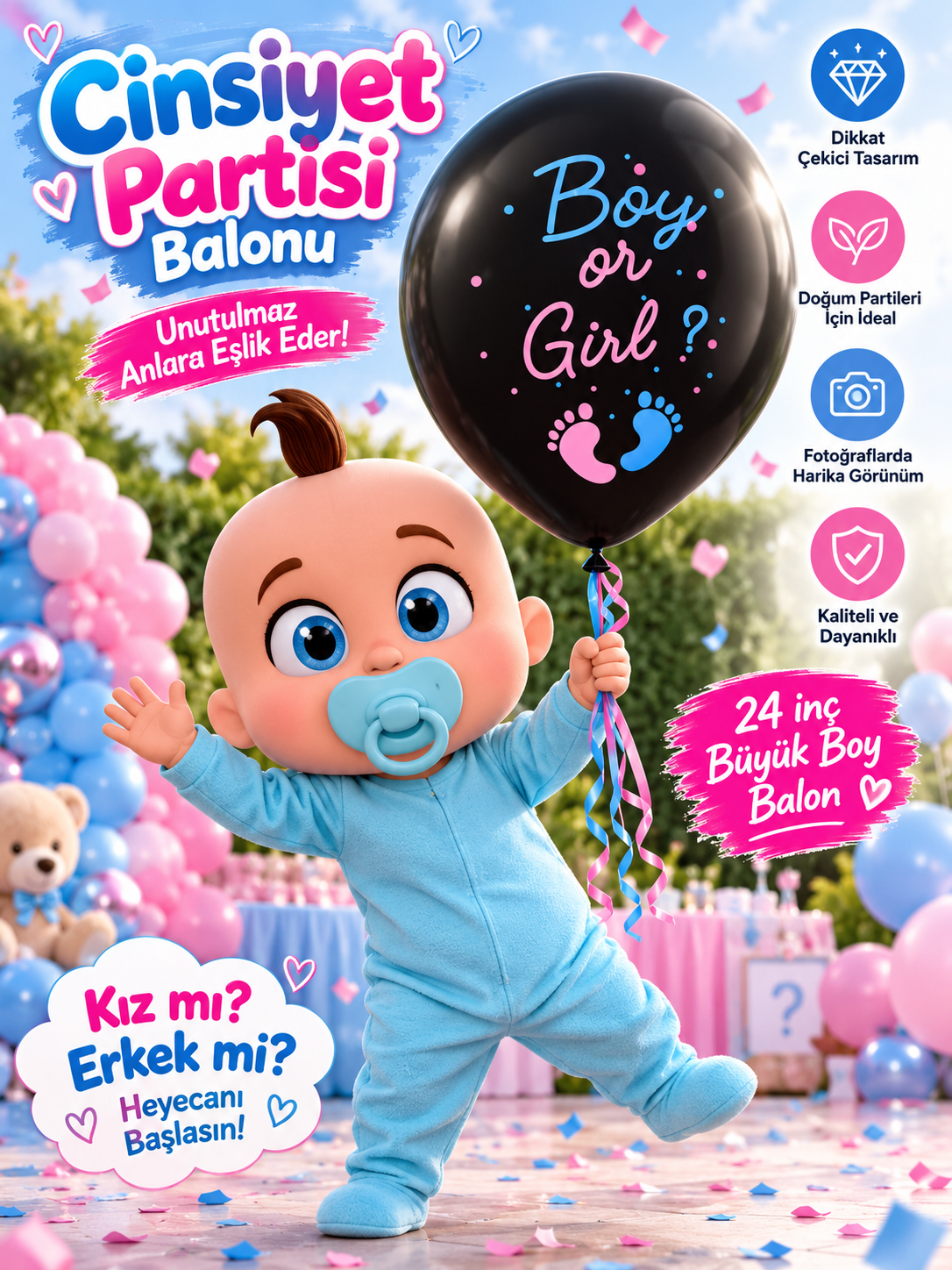 Mucit Home Mavi Pul Boy or Girl Cinsiyet Belirleme Balonu Siyah Büyük Boy 24 İnç (Erkek Bebek İçin