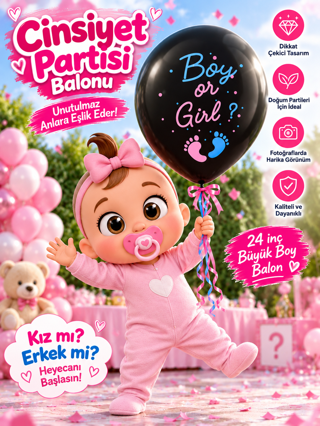 Mucit Home Pembe Pul Boy or Girl Cinsiyet Belirleme Balonu Siyah Büyük Boy 24 İnç (Kız Bebek İçin