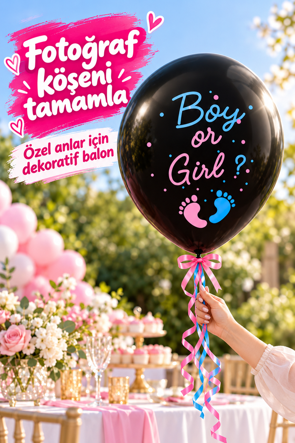 Mucit Home Pembe Pul Boy or Girl Cinsiyet Belirleme Balonu Siyah Büyük Boy 24 İnç (Kız Bebek İçin