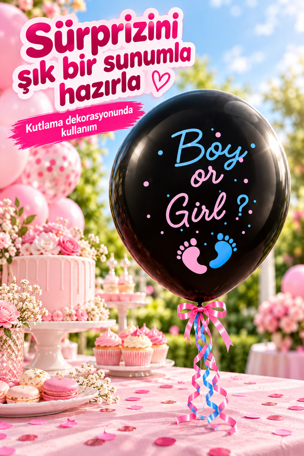 Mucit Home Pembe Pul Boy or Girl Cinsiyet Belirleme Balonu Siyah Büyük Boy 24 İnç (Kız Bebek İçin