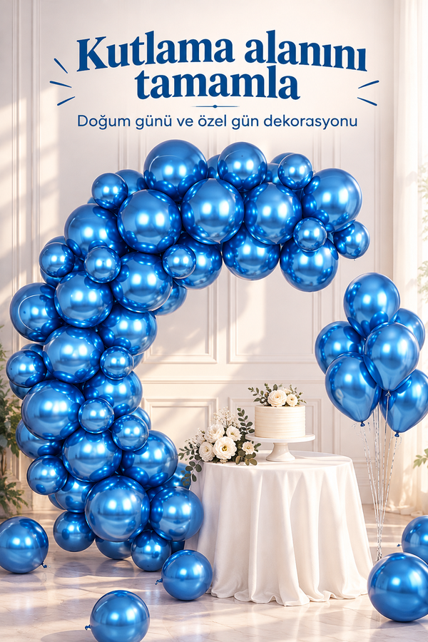 Mucit Home 10 Adet Mavi Krom Balon Seti – 12 inç | Parlak ve Göz Alıcı Parti Balonları