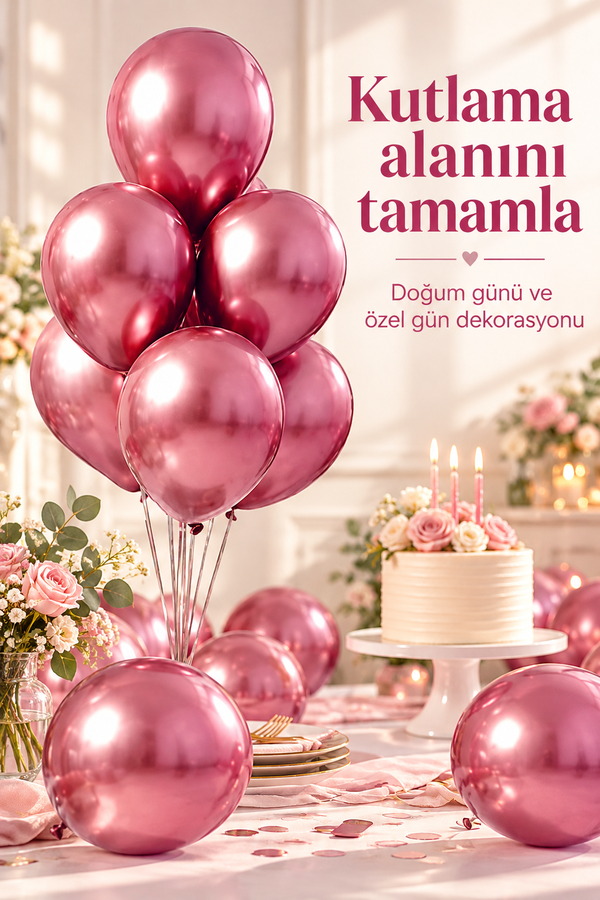 Mucit Home 10 Adet Pembe Krom Balon Seti – 12 inç | Parlak ve Göz Alıcı Parti Balonları