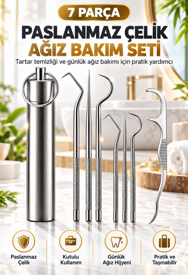Mucit Home 7 Parça Paslanmaz Çelik Ağız Diş Tartar Sökücü Temizlik Bakım Seti