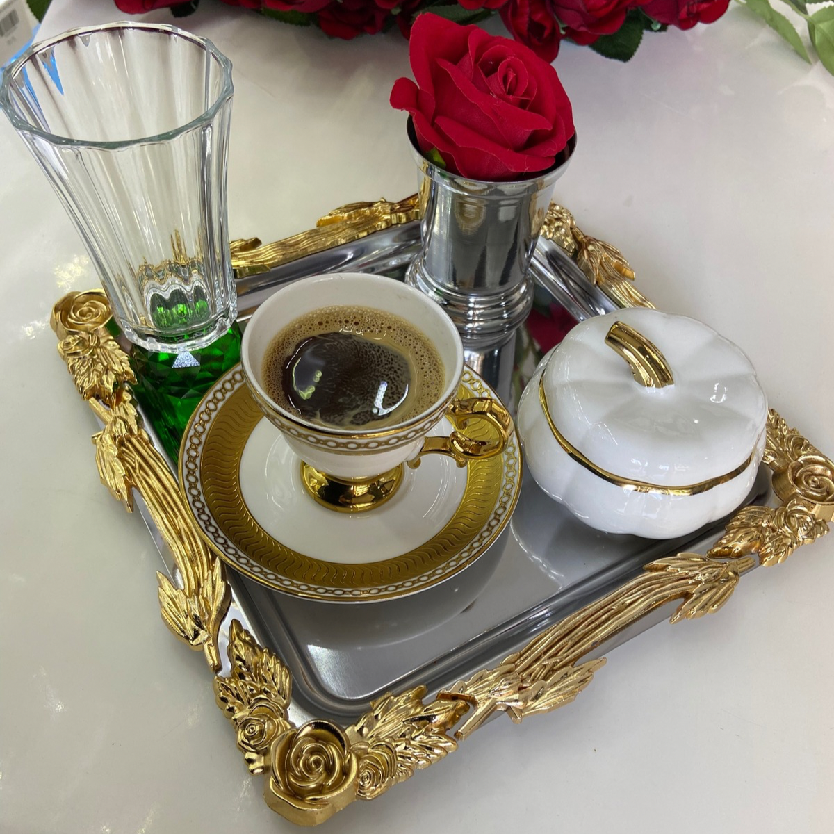 Mucit Home  Gümüş Altın Kare Paslanmaz Çelik Köşeli Kahve Servis Sunum Tepsi 1 adet