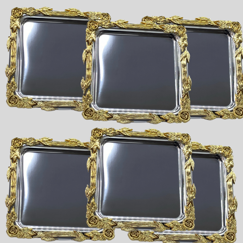 Mucit Home  Gümüş Altın Kare Paslanmaz Çelik Köşeli Kahve Servis Sunum Tepsi 6 adet