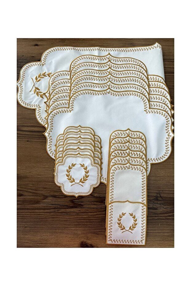 Mucit Home Amerikan Servis Ve  Masa Örtüsü 6 Kişilik 19 Parça Runner Seti Nakışlı Yemek Sunum Takımı