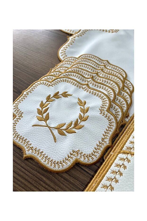 Mucit Home Amerikan Servis Ve  Masa Örtüsü 6 Kişilik 19 Parça Runner Seti Nakışlı Yemek Sunum Takımı