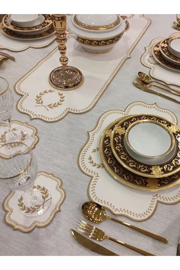 Mucit Home Amerikan Servis Ve  Masa Örtüsü 6 Kişilik 19 Parça Runner Seti Nakışlı Yemek Sunum Takımı