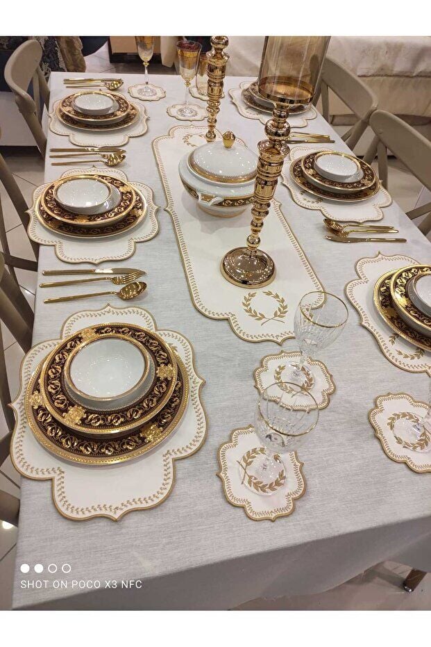 Mucit Home Amerikan Servis Ve  Masa Örtüsü 6 Kişilik 19 Parça Runner Seti Nakışlı Yemek Sunum Takımı