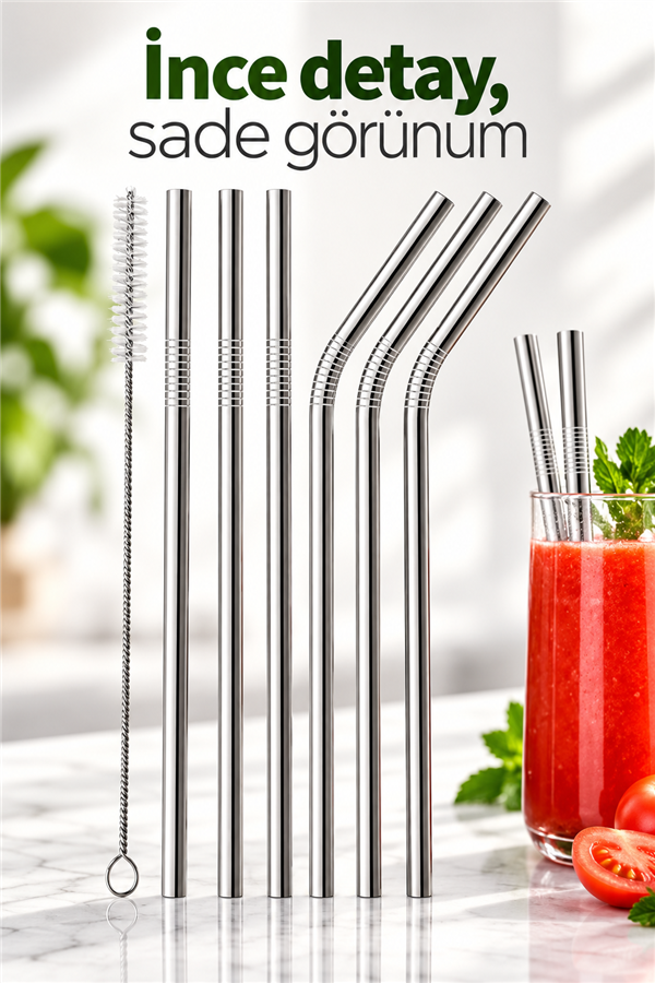 Mucit Home 9 Parça Paslanmaz Çelik Pipet Seti Ve Çubuk Pipet Temizleme Fırçası