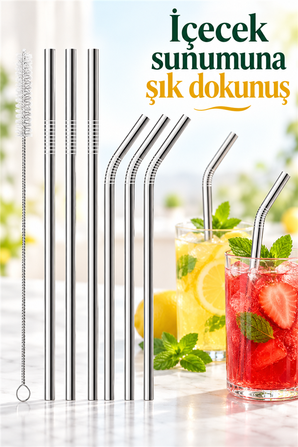 Mucit Home 9 Parça Paslanmaz Çelik Pipet Seti Ve Çubuk Pipet Temizleme Fırçası