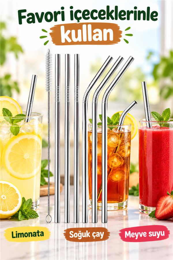 Mucit Home 9 Parça Paslanmaz Çelik Pipet Seti Ve Çubuk Pipet Temizleme Fırçası