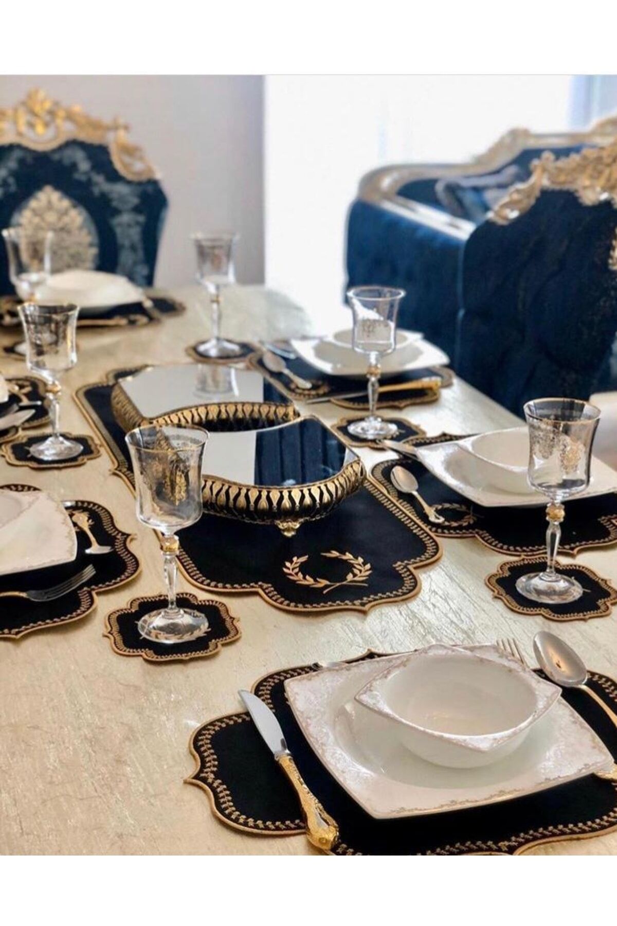 Mucit Home Amerikan Servis Ve  Masa Örtüsü 6 Kişilik 19 Parça Runner Seti Nakışlı Yemek Sunum Takımı