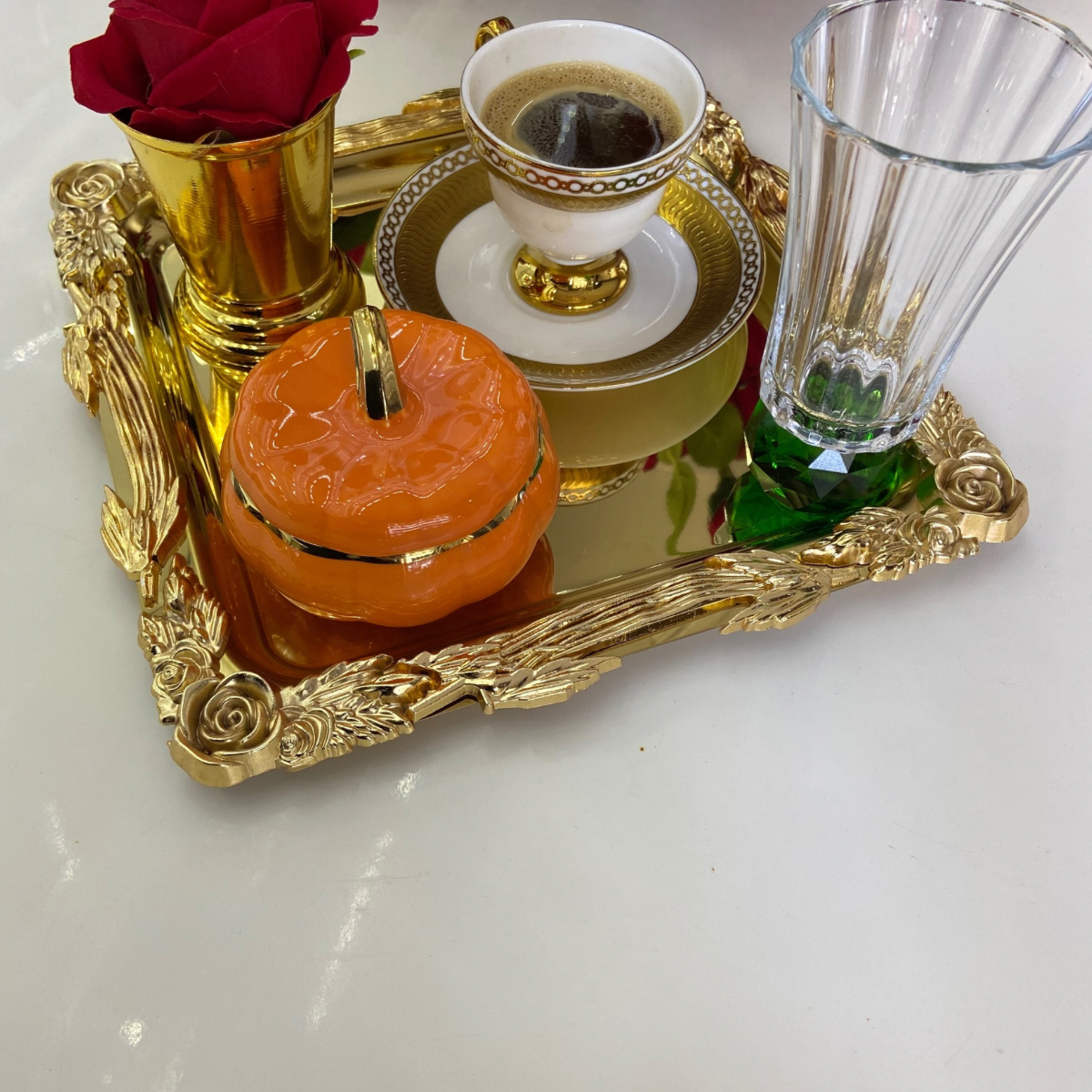 Mucit Home  Gold Altın Kare Paslanmaz Çelik Köşeli Kahve Servis Sunum Tepsi 1 adet (21X21CM