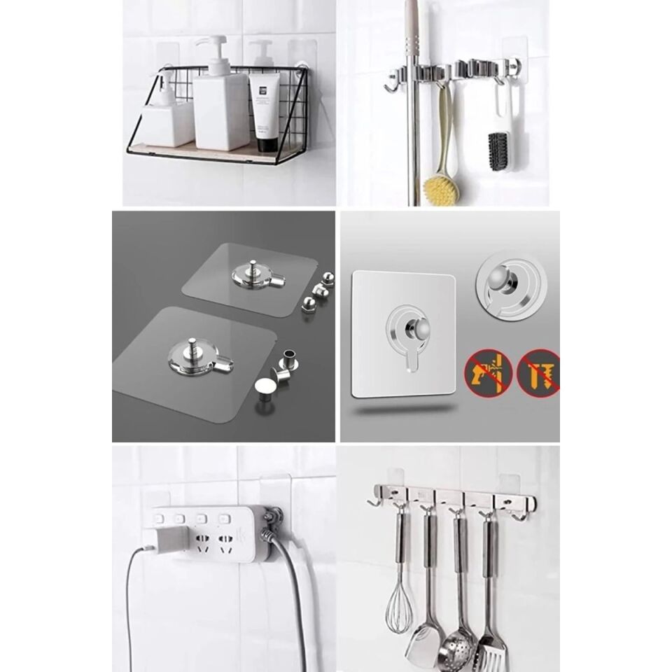 Mucit Home 4 Adet Kendinden Yapışkanlı Duvar Kancaları Şeffaf Raf Duvar Askıları Mutfak Banyo Vida Kanca Çivi