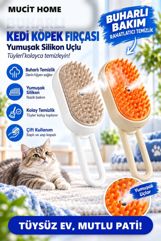 Mucit Home Saplı Buharlı Kedi Tarağı, Buharlı Kedi & Köpek Yıkama Fırçası Tarağı Yumuşak Silikonlu