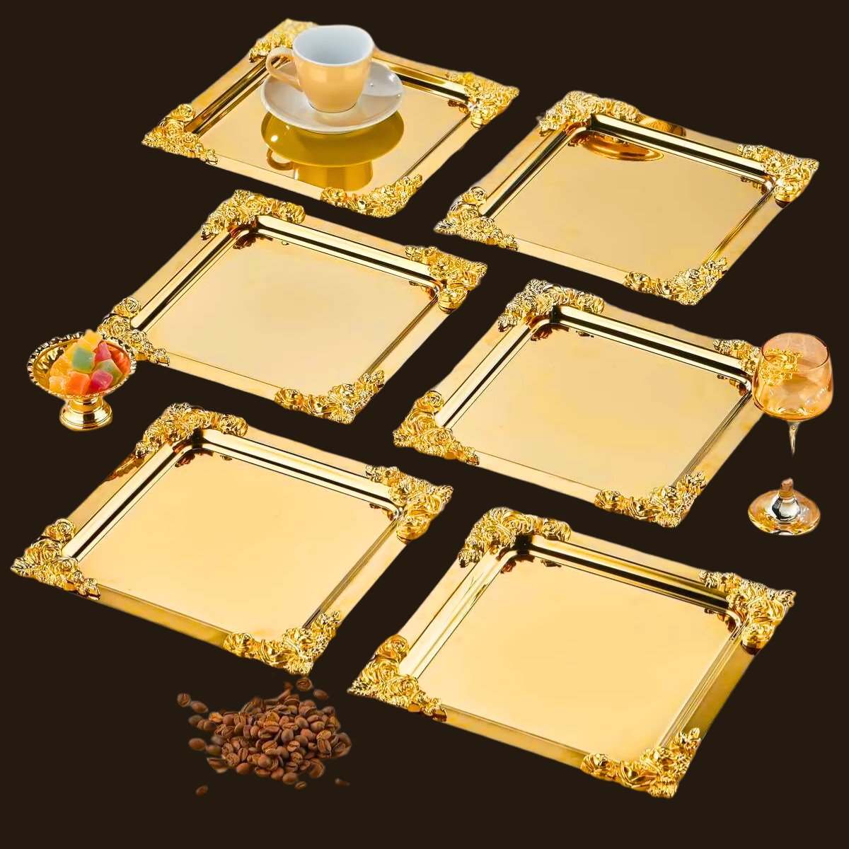 Mucit Home  Gold Altın Kare Paslanmaz Çelik Köşeli Kahve Servis Sunum Tepsi 6 adet (21X21