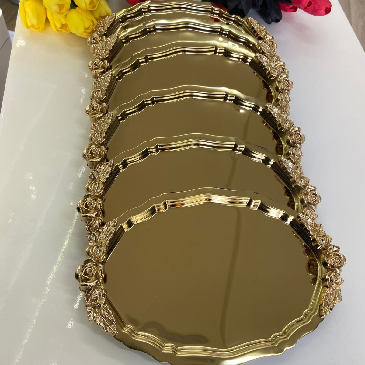 Mucit Home  GOLD OVAL KULPLU 6 ADET SERVİS VE SUNUM TEPSİSİ