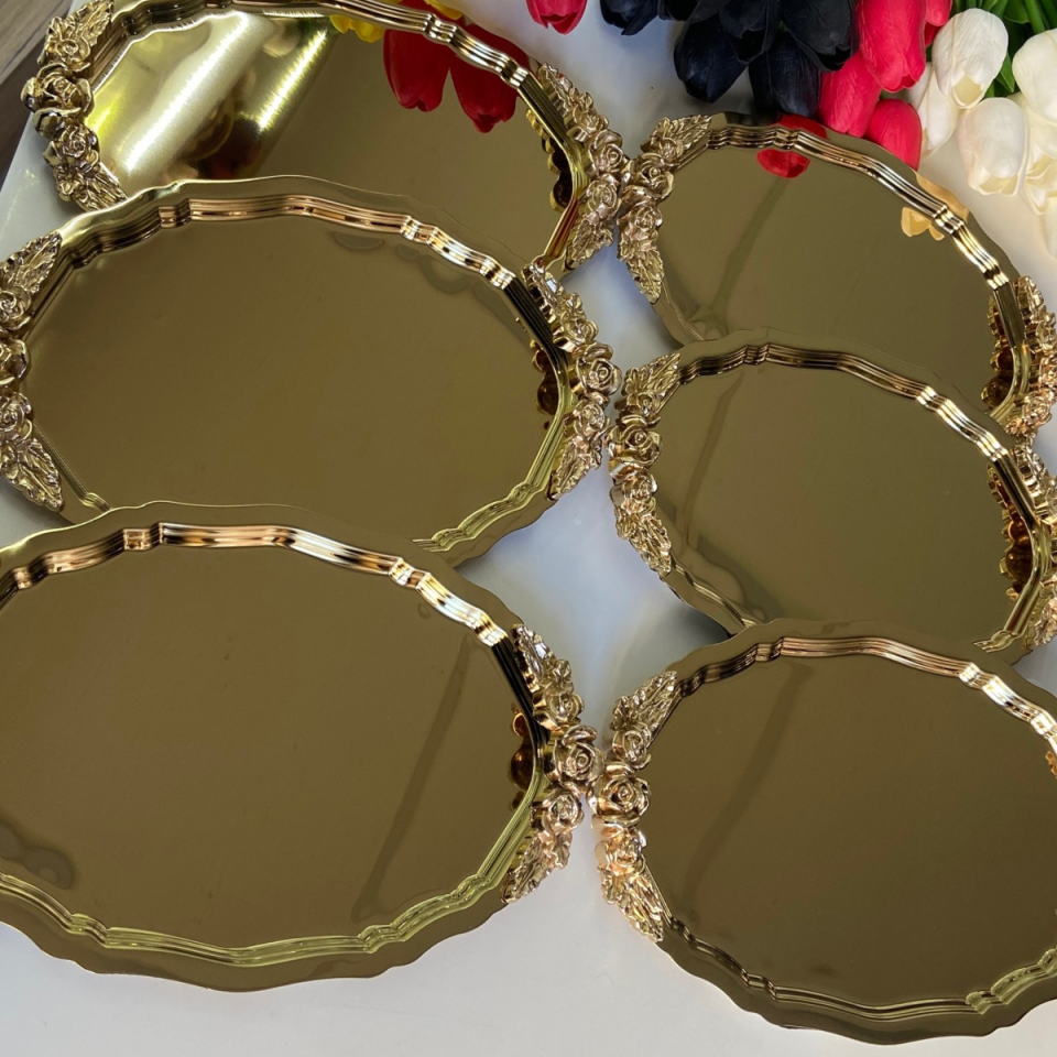 Mucit Home  GOLD OVAL KULPLU 6 ADET SERVİS VE SUNUM TEPSİSİ