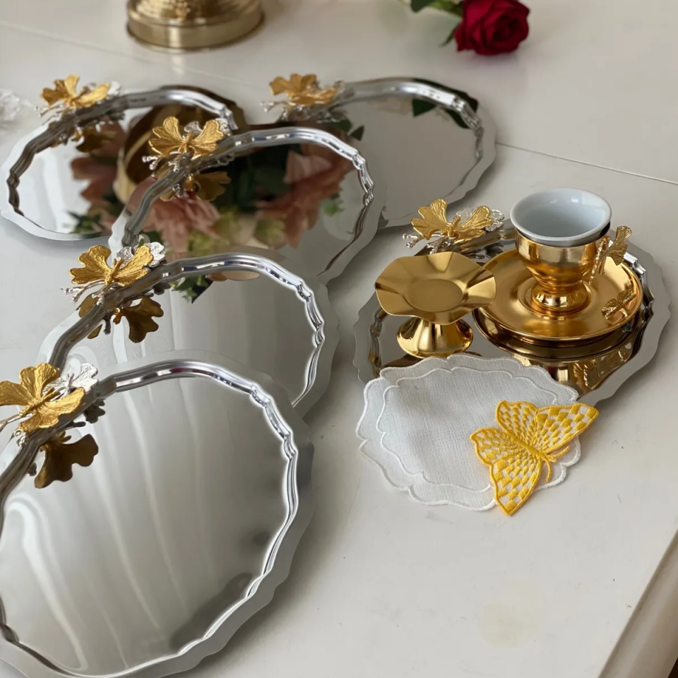 Mucit Home  PASLANMAZ 6 lı KELEBEK AKSESUARLI OVAL SERVİS SUNUM İKRAM KAHVE SÖZ NİŞAN YÜZÜK ÇİKOLATA