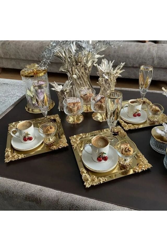 Mucit Home  Komple Gold Detaylı 18/10 Çelik Kahve Sunum Tepsisi 6 Adet