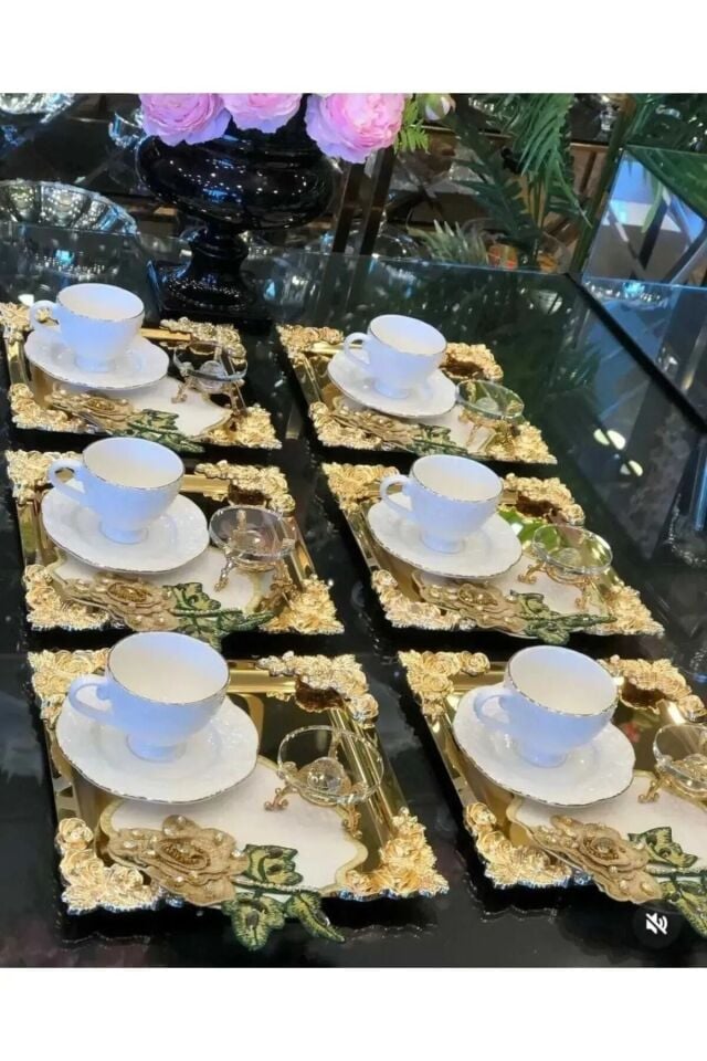 Mucit Home  Komple Gold Detaylı 18/10 Çelik Kahve Sunum Tepsisi 6 Adet