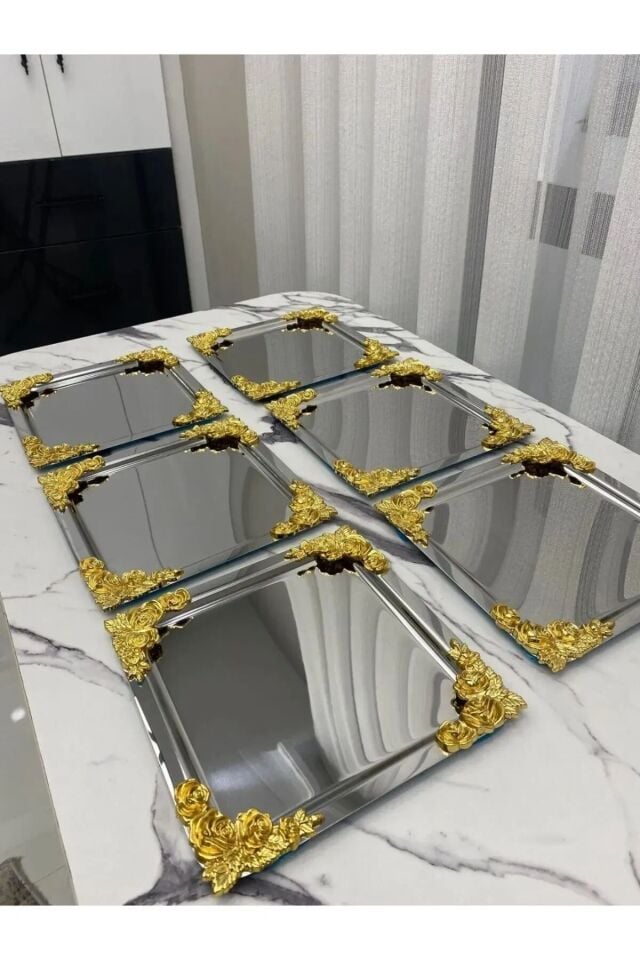 Mucit Home  Gümüş Gold Detaylı 18/10 Çelik Kahve Sunum Tepsisi 6 Adet
