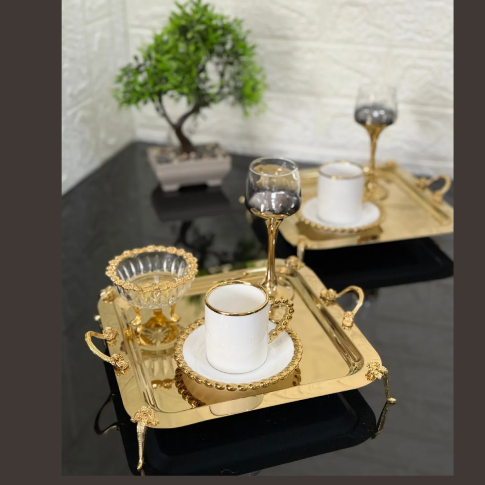 Mucit Home  Gold Kahve Sunum Tepsisi  Tepsi Çay Tepsi Kulplu Kare Ayaklı kahve tepsi 1 Adet