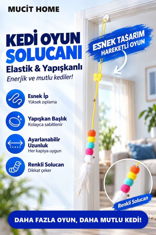 Mucit Home Kedi Solucanı Elastik Yapışkanlı Kapı Kedi Oyun Solucanı
