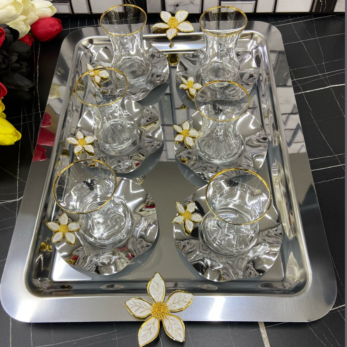 Mucit Home  Çay  Tepsi Paslanmaz Gümüş 6 Kişilik  Çelik  Tepsi  6  Adet Çay Tabağı