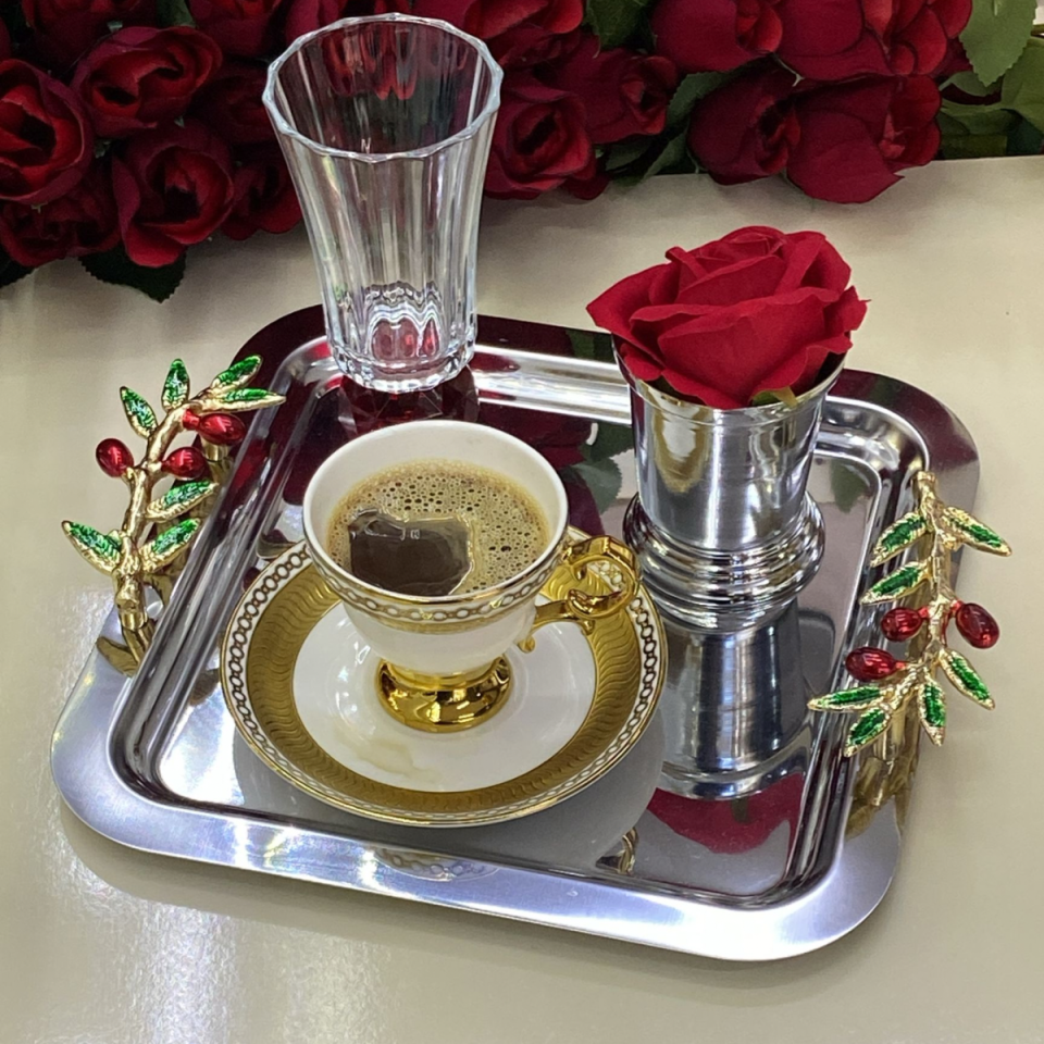Mucit Home  Kahve & Çay & Sunum Tepsisi şok Gümüş Tepsi Zeytin Dallı & Kiraz Model 1 Adet