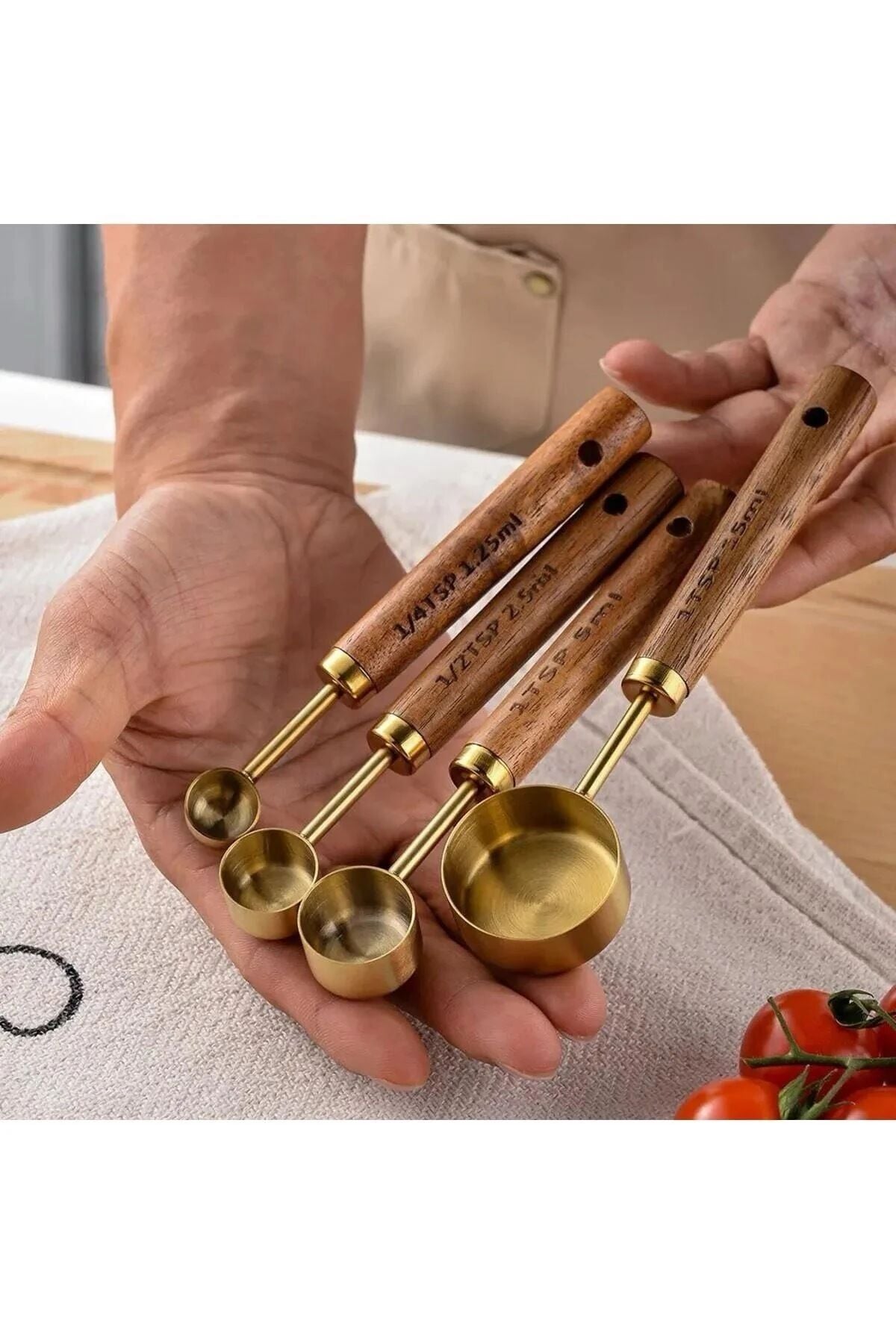 Mucit Home 4 Adet Gold Paslanmaz Çelik Ahşap Saplı Ölçü Kaşığı Seti Ölçü Kabı Küçük