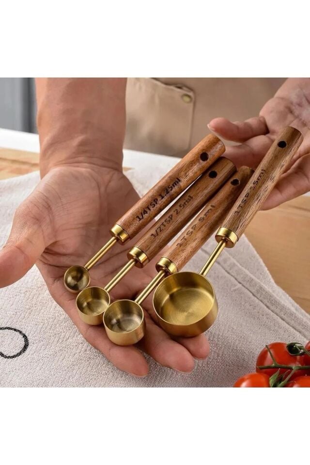 Mucit Home 4 Adet Gold Paslanmaz Çelik Ahşap Saplı Ölçü Kaşığı Seti Ölçü Kabı Küçük