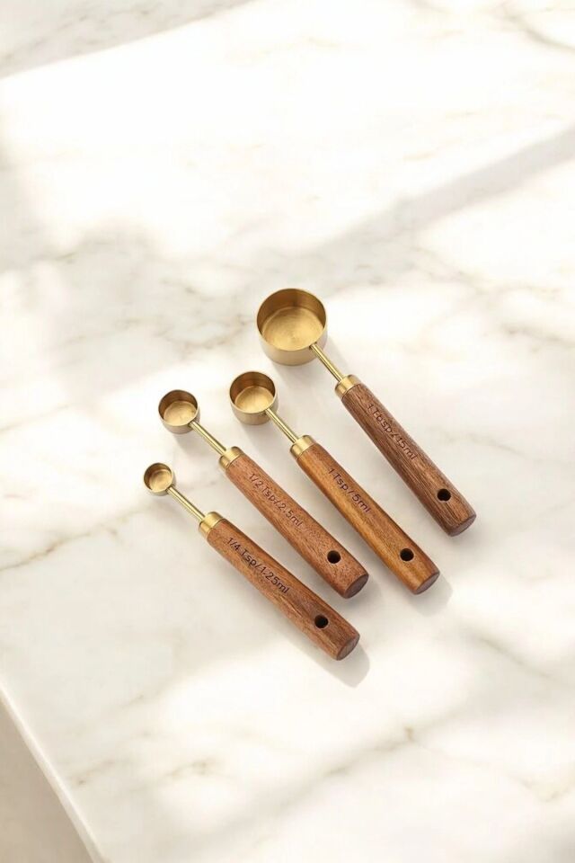 Mucit Home 4 Adet Gold Paslanmaz Çelik Ahşap Saplı Ölçü Kaşığı Seti Ölçü Kabı Küçük