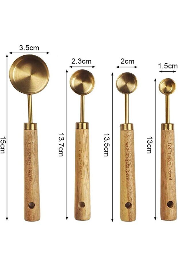 Mucit Home 4 Adet Gold Paslanmaz Çelik Ahşap Saplı Ölçü Kaşığı Seti Ölçü Kabı Küçük