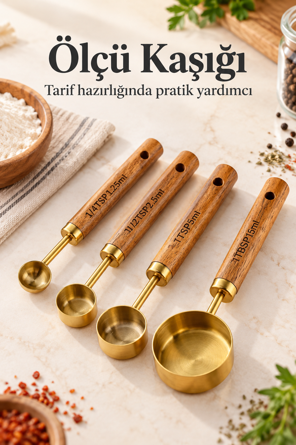 Mucit Home 4 Adet Gold Paslanmaz Çelik Ahşap Saplı Ölçü Kaşığı Seti Ölçü Kabı Küçük