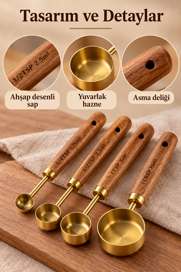 Mucit Home 4 Adet Gold Paslanmaz Çelik Ahşap Saplı Ölçü Kaşığı Seti Ölçü Kabı Küçük