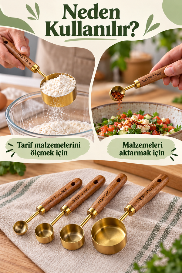 Mucit Home 4 Adet Gold Paslanmaz Çelik Ahşap Saplı Ölçü Kaşığı Seti Ölçü Kabı Küçük