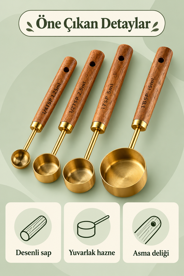 Mucit Home 4 Adet Gold Paslanmaz Çelik Ahşap Saplı Ölçü Kaşığı Seti Ölçü Kabı Küçük