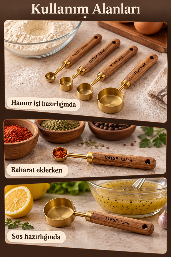 Mucit Home 4 Adet Gold Paslanmaz Çelik Ahşap Saplı Ölçü Kaşığı Seti Ölçü Kabı Küçük
