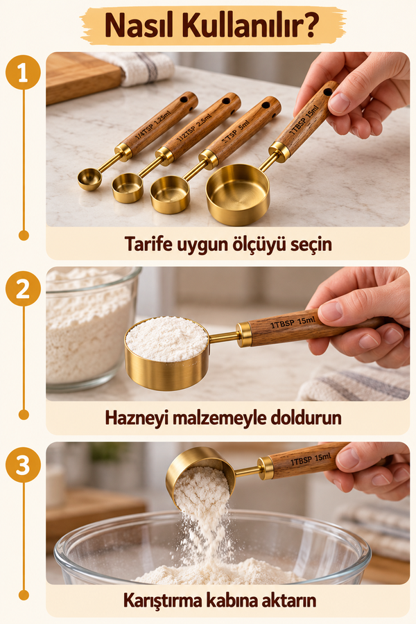 Mucit Home 4 Adet Gold Paslanmaz Çelik Ahşap Saplı Ölçü Kaşığı Seti Ölçü Kabı Küçük